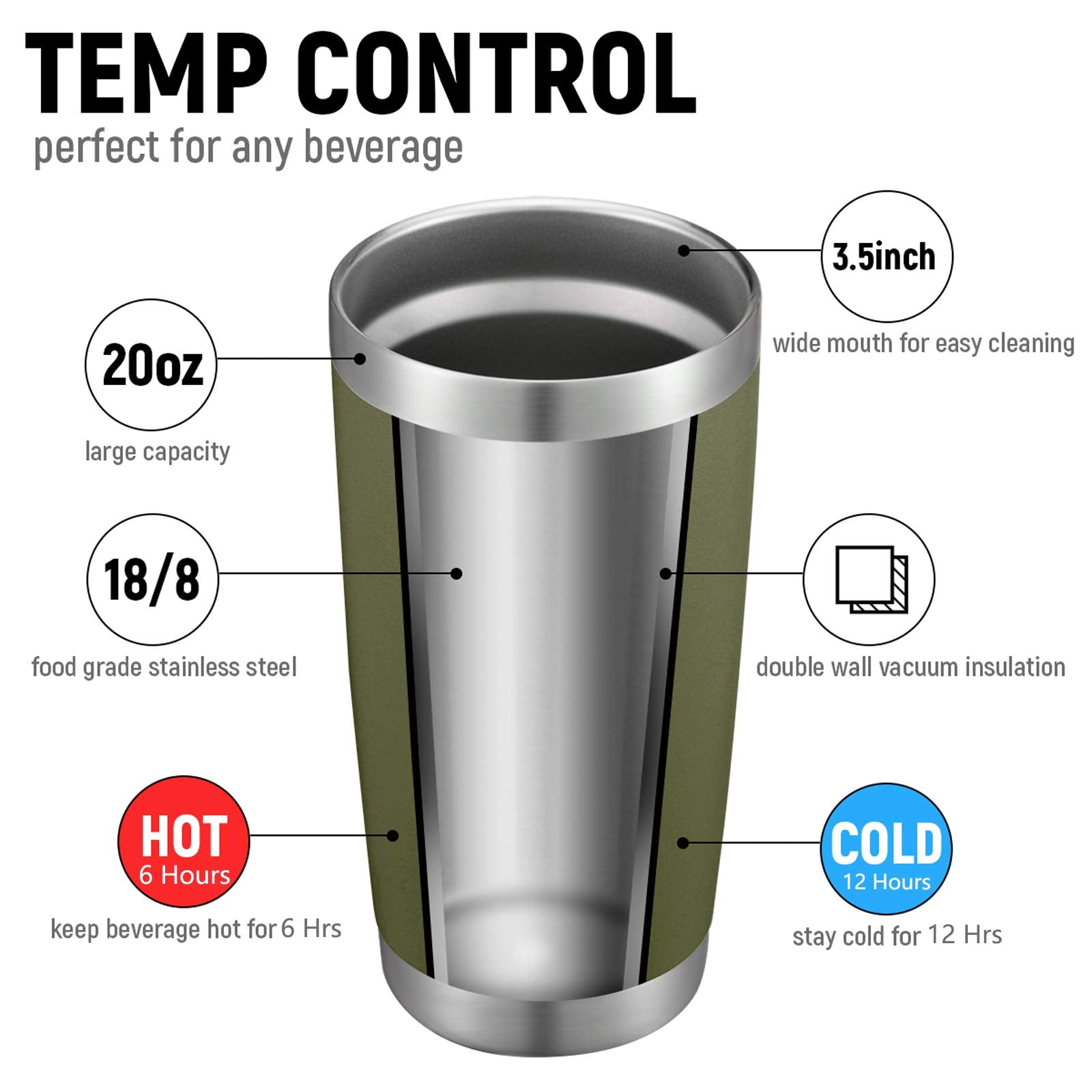 COMOOO 20oz Tumbler 8 Pack Double Wall Vacuum Insulated Travel Mug, Stainless Steel Tumbler with Lid and Straw Durable Powder Coated Insulated Coffee Cup for Cold & Hot Drinks,army green, 8 pack