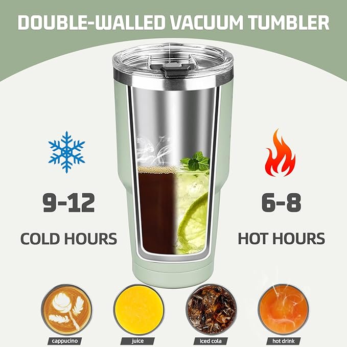 30 oz Tumbler with Lids and Straws, Stainless Steel Insulated Coffee Tumbler, Double Wall Vacuum Insulated Travel Mug Cup, Leakproof Thermal Coffee Cup for Hot and Cold Drinks (Green Tea)