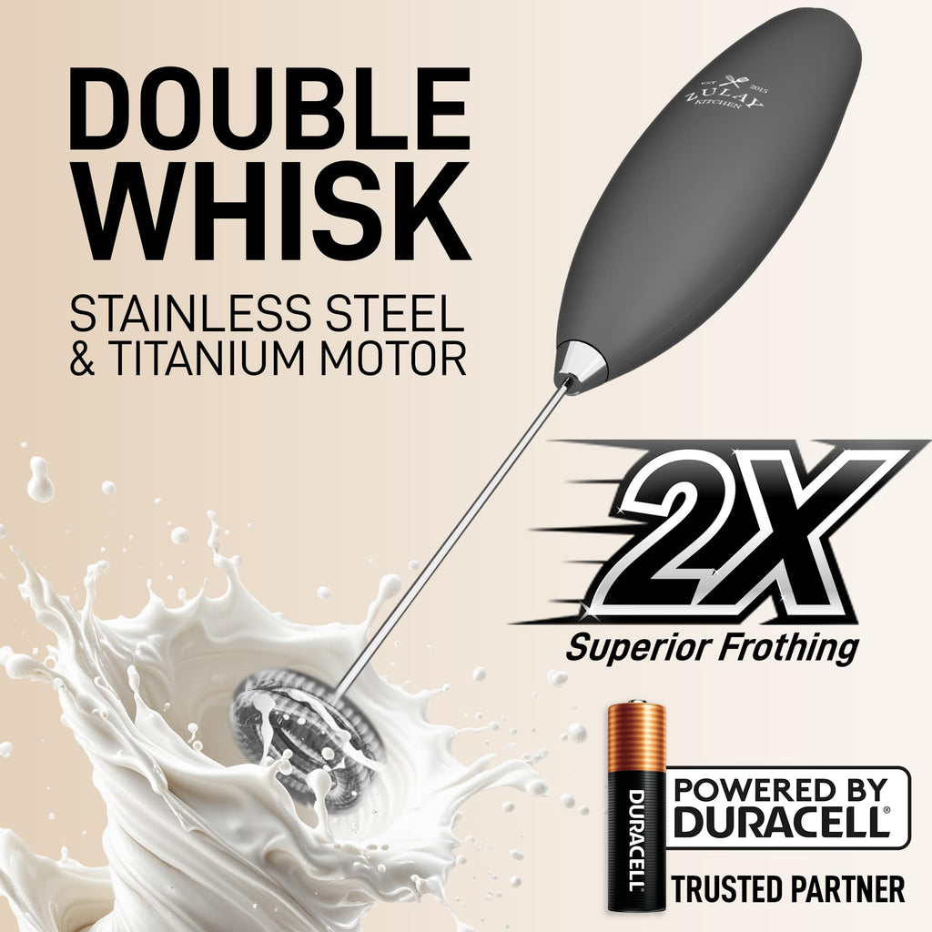 Zulay Kitchen Powerful Milk Frother Wand With Duracell Batteries - Ultra Fast Handheld Drink Mixer - Electric Whisk Foam Maker for Coffee, Lattes, Cappuccino & Matcha - Double Whisk - Charcoal