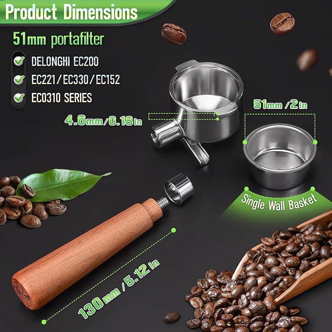51mm 2 Ear Portafilter for DeLonghi EC200/EC221/EC330/EC152/EC0310- Stainless Steel Handle with Precision Basket and Siam Rosewood Grip