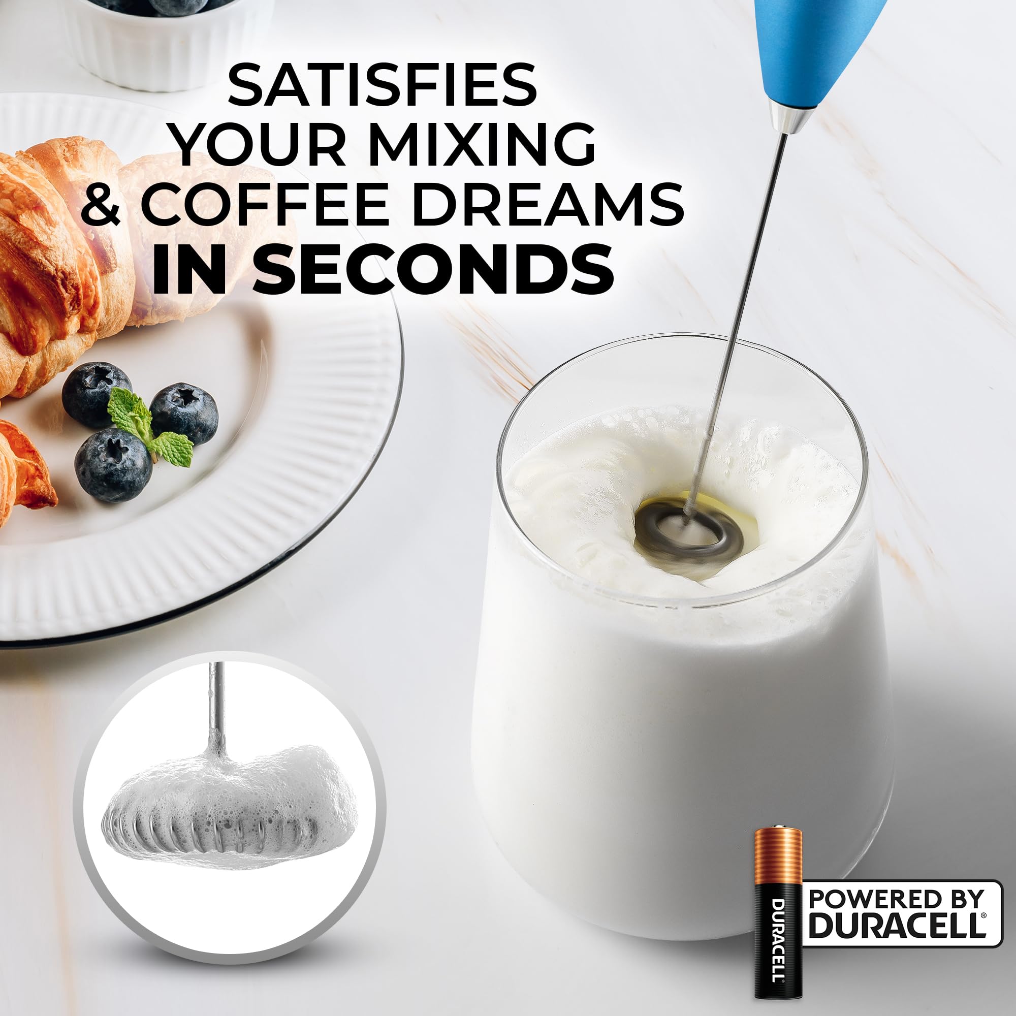 Zulay Powerful Milk Frother for Coffee with Upgraded Titanium Motor - Handheld Electric Whisk, Milk Foamer, Mini Mixer & Coffee Blender for Frappe, Latte, Matcha, No Stand - Frosted Blue