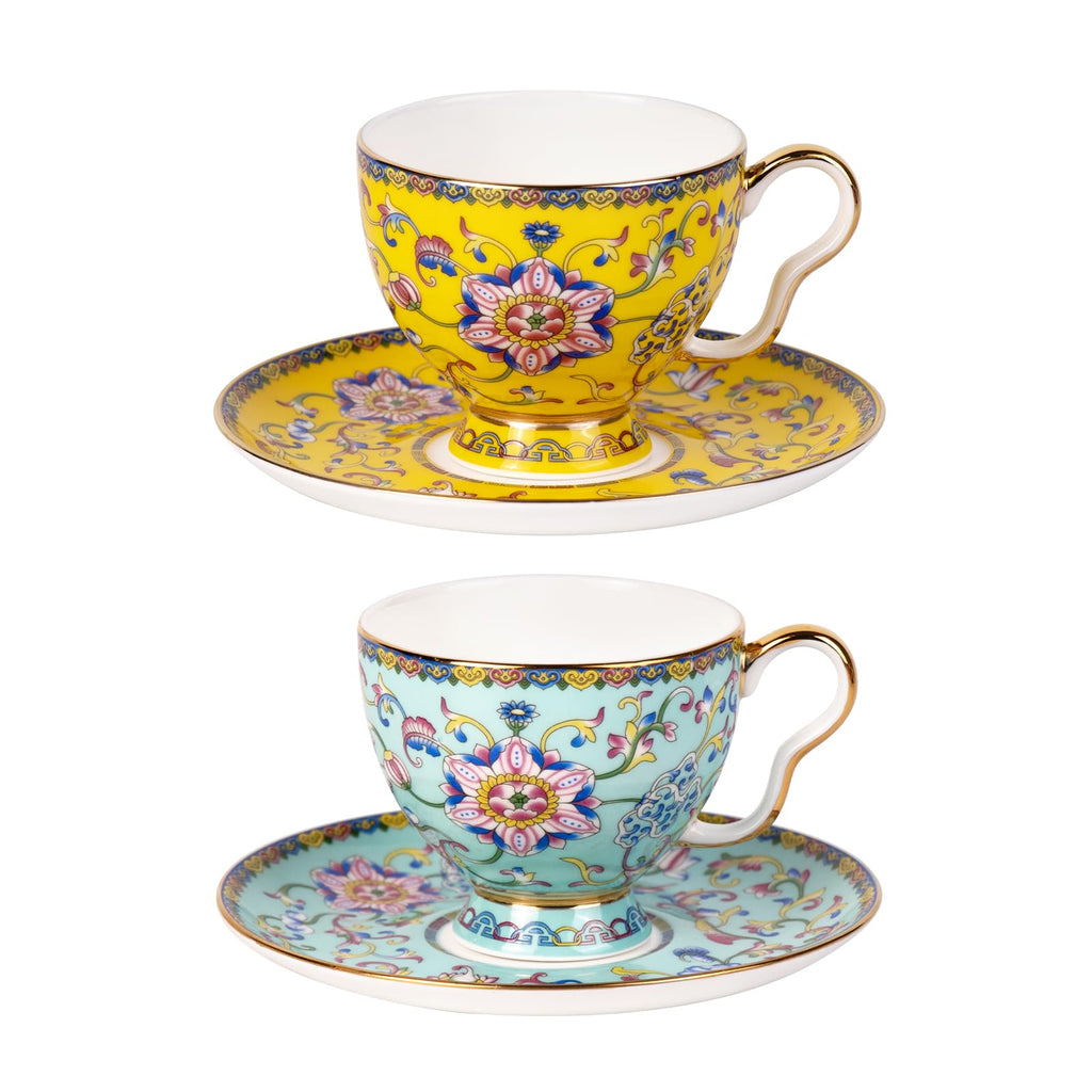 KAMMAK Tea Cup and Saucer, Ceramic Coffee Cups, 7.4 oz, Set of 2