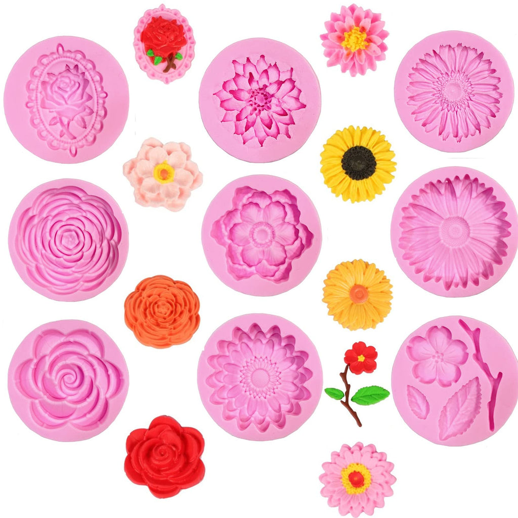 DD-life 9 Pcs Flowers Fondant Molds Silicone for Cupcake Dessert