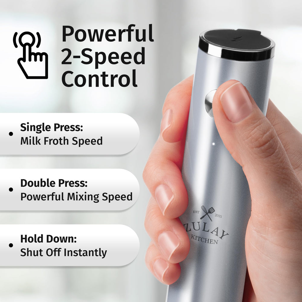Zulay Kitchen Rechargeable Milk Frother Handheld - Frother Wand, Drink Mixer, Electric Whisk Frother, for Cappuccinos, Matcha & Protein Powder - Lux Double Whisk 2 Speed Waterproof 2000mAh Silver