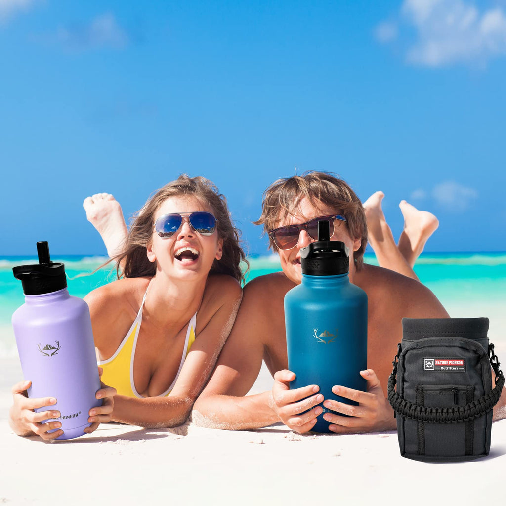 NATURE PIONEOR 64 oz Insulated Water Bottle with Carrier Bag & 3 Lids