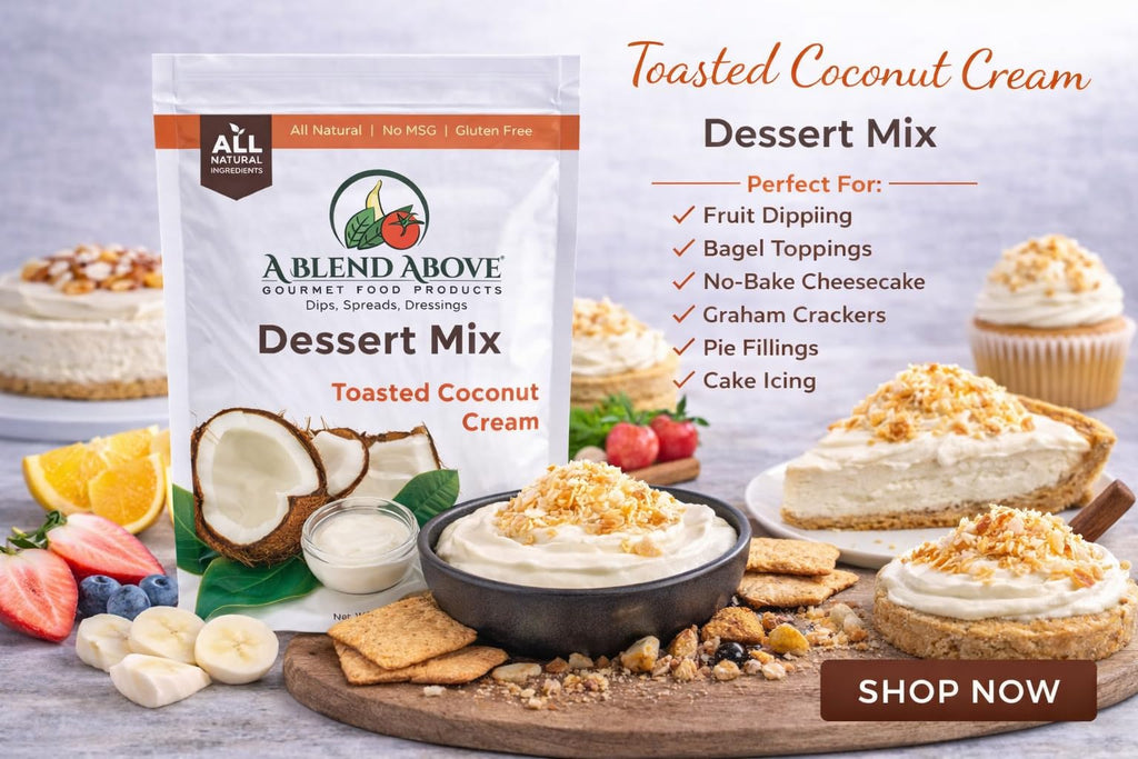 A Blend Above Toasted Coconut Cream Cheesecake Mix - No-Bake Desserts, All Natural, Gluten Free, No MSG - Instant Dessert Mix, Fruit Dip, Bagel Topping, Frosting, Cheesecake Filling - Makes 16 Oz (Pack of 3)