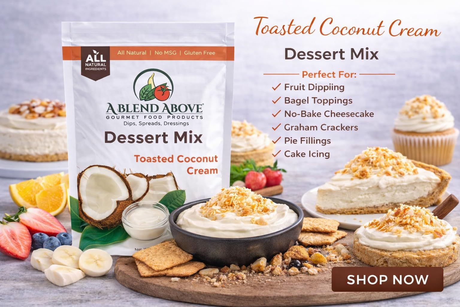 A Blend Above Toasted Coconut Cream Cheesecake Mix - No-Bake Desserts, All Natural, Gluten Free, No MSG - Instant Dessert Mix, Fruit Dip, Bagel Topping, Frosting, Cheesecake Filling - Makes 16 Oz (Pack of 3)