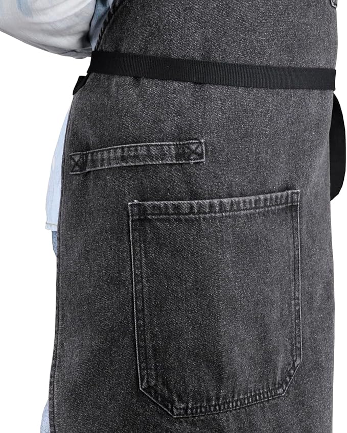 Cooking Apron with Pockets Mens Womens Professional Kitchen Bib Apron for Chef Grill BBQ (Black Denim -2)