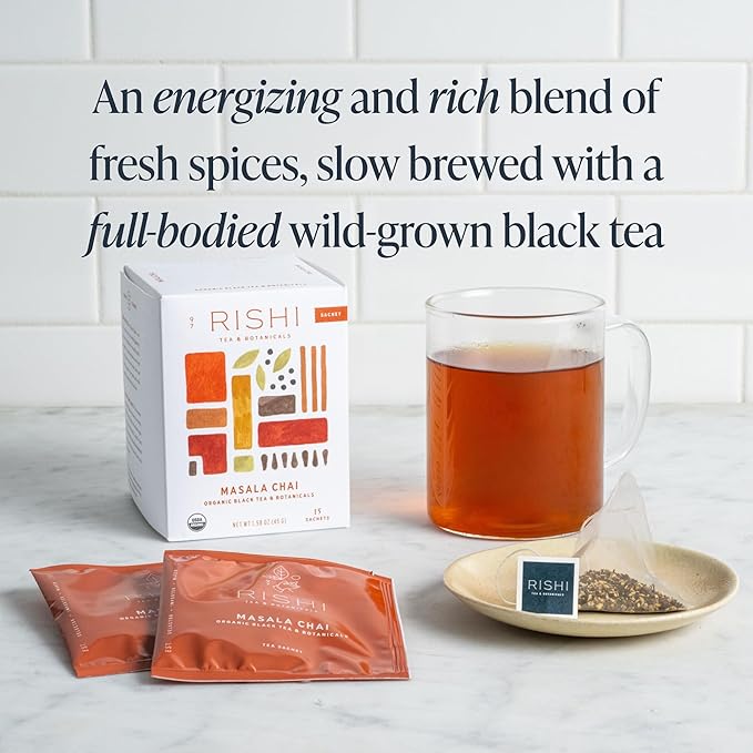 Rishi Tea Masala Chai Black Sachet Tea Bag Blend - Organic, Assam with Whole Spices, Energizing & Caffeinated - 15 Count (Pack of 1)