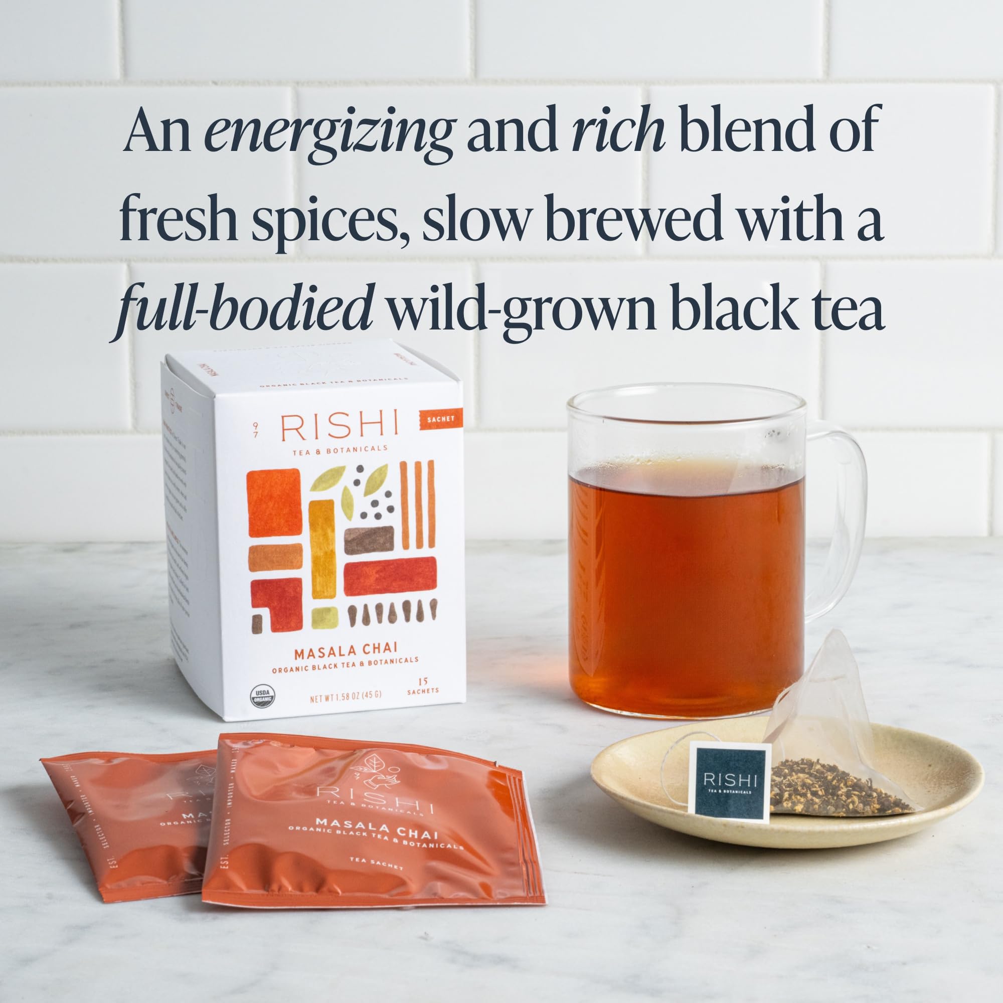 Rishi Tea Masala Chai Organic Black Sachet Tea Bags, Caffeinated, 15ct