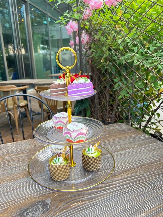 2 Pack of Dessert Cupcake Stand with Gold Trim, 3 Tier Cup Cake Holder Tower for Tea Party, Birthday, Wedding, Plastic Tiered Serving Tray, Clear