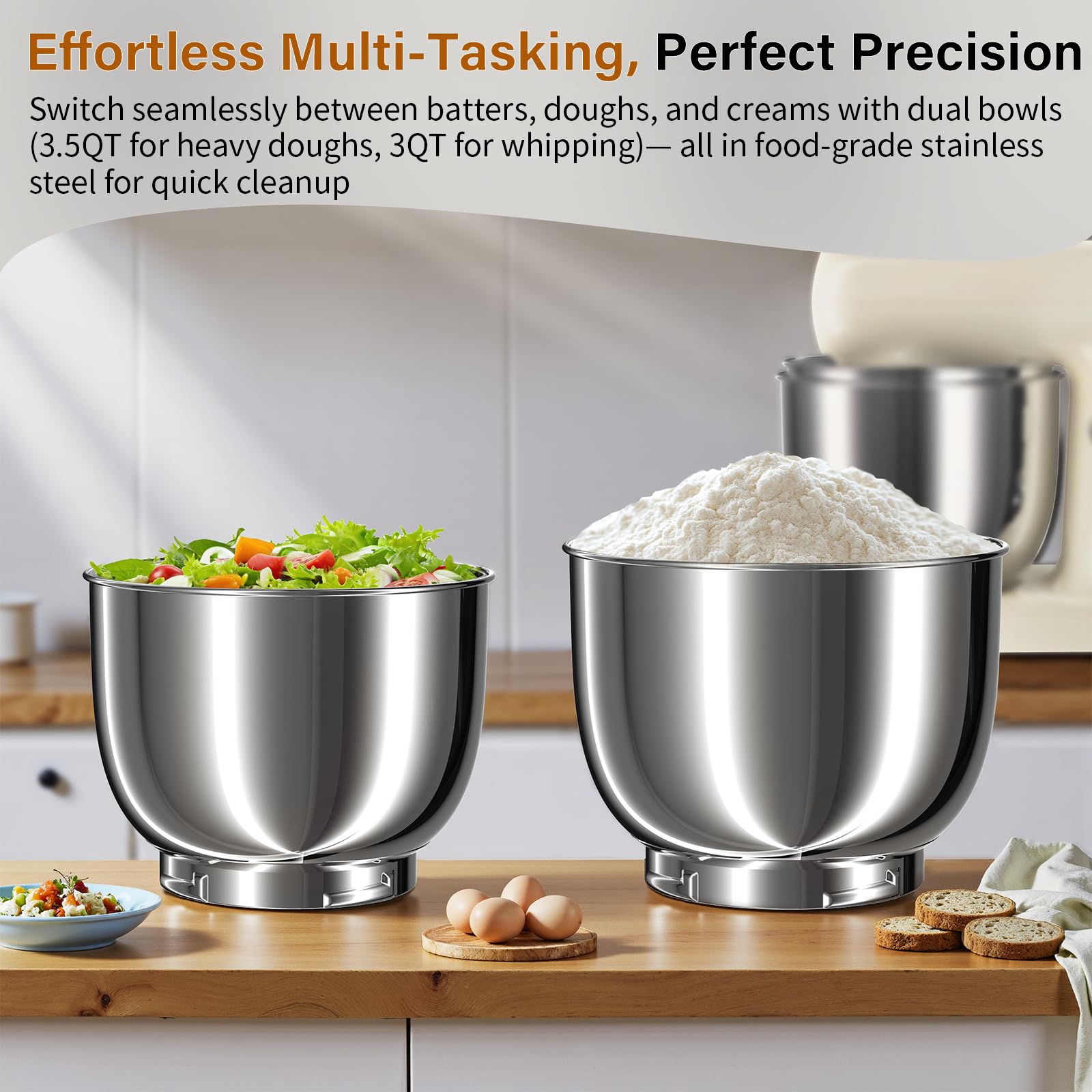 Stand Mixer with 3QT+3.5QT Dual Bowls, 10-Speed Electric 300W Food Mixer - Includes Egg Whisk, Dough Hook & Flat Beater for Home Baking & Daily Cooking (White)