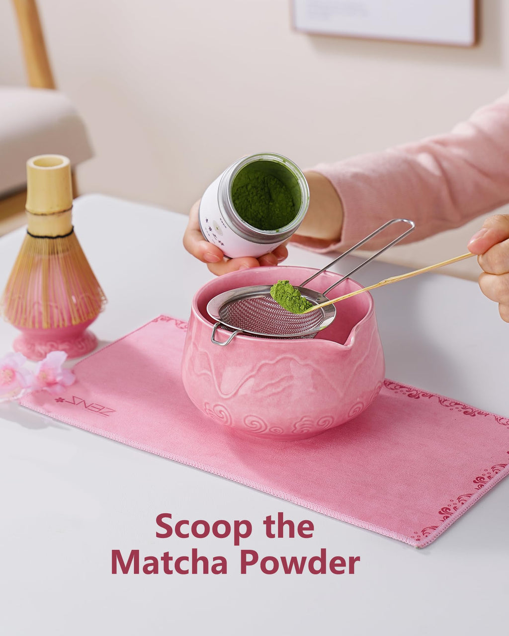 ZENS Premium Matcha Whisk Set, 6pcs Matcha Kit with Matcha Tools, Pink