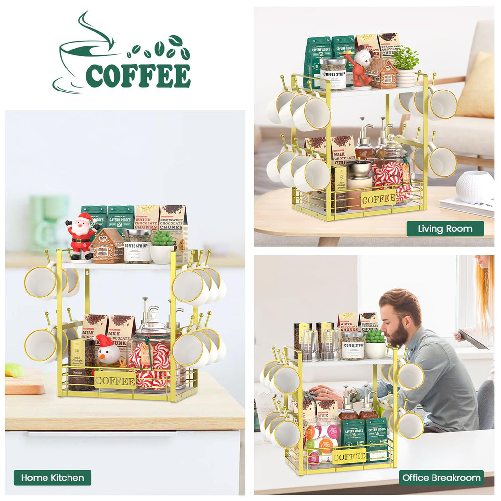 EsLuker.ly Coffee Mug Cup Holder Tree Bar Station Organizer, 2 Tier Gold