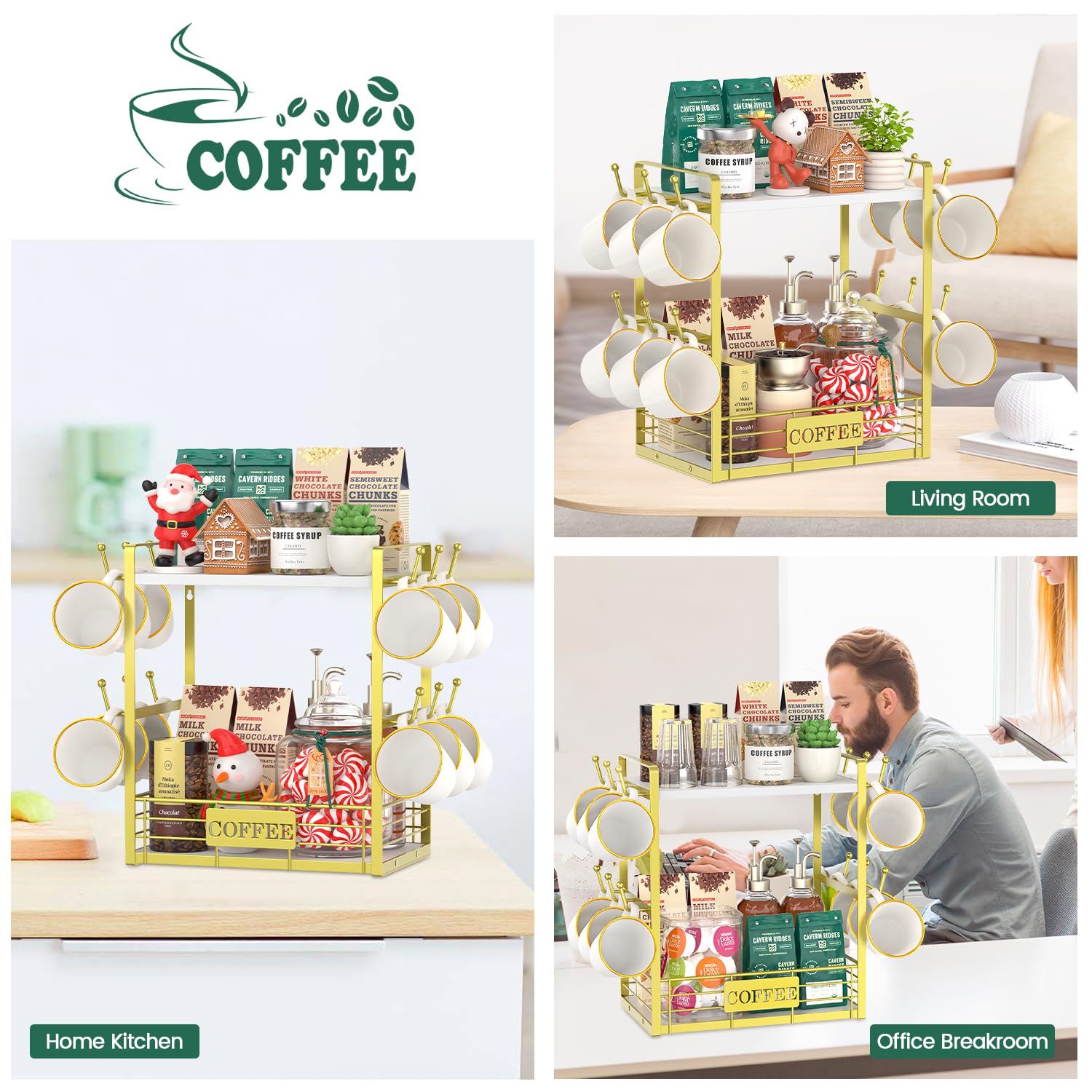 EsLuker.ly Coffee Mug Cup Holder Tree Bar Station Organizer, 2 Tier Gold