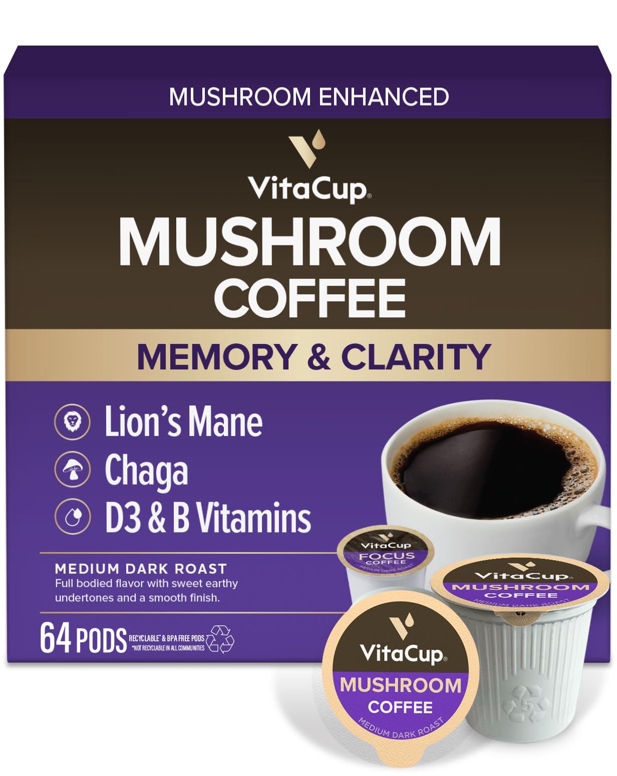 VitaCup Mushroom Coffee Pods, with Lions Mane for Memory & Clarity, 64ct