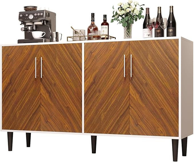 4 EVER WINNER Coffee Bar Cabinet with 4 Doors, Sideboard Buffet Cabinet with Storage, Walnut Buffet Cabinet with Storage with Adjustable Shelves for Kitchen,Living Room,White
