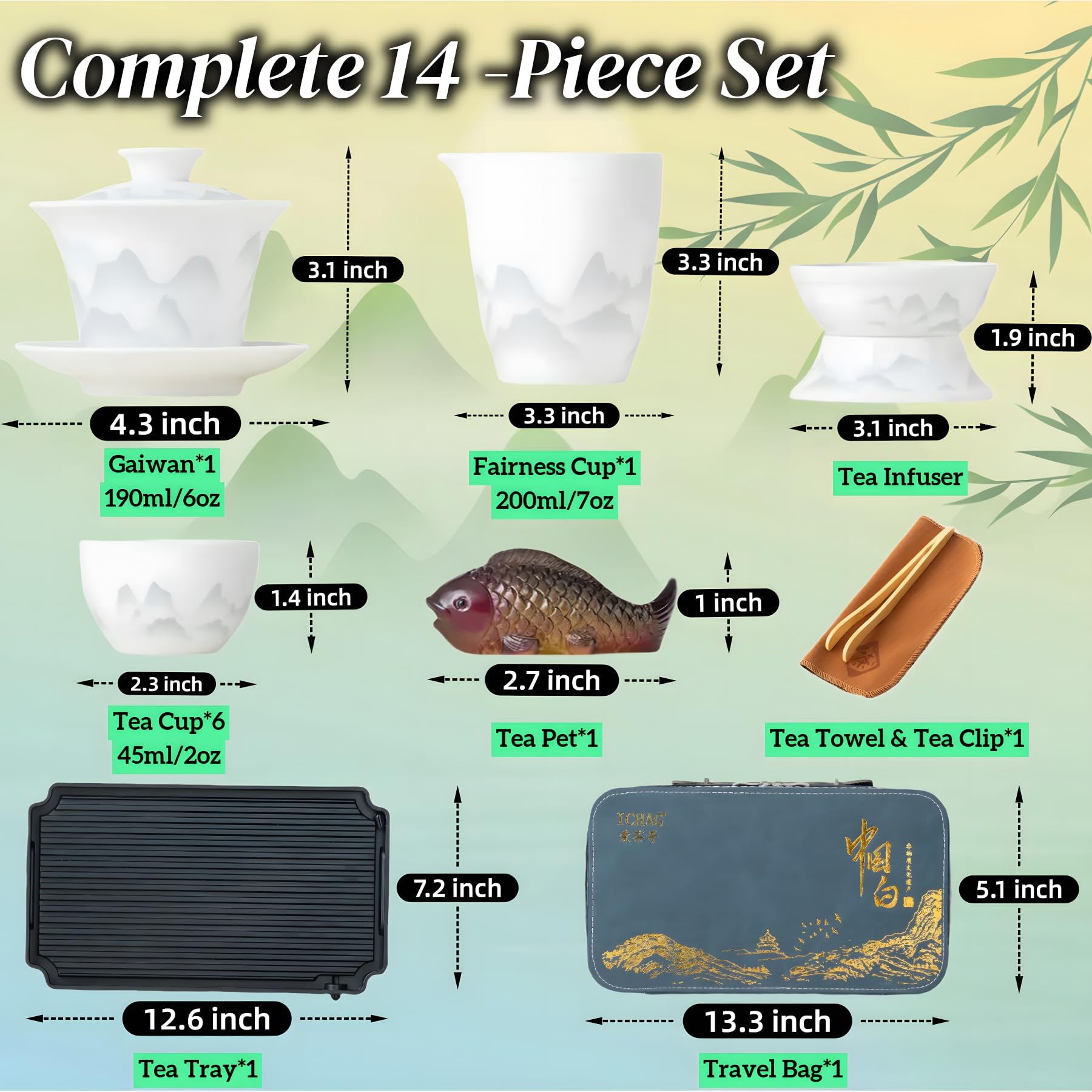 ICHAG 14-Piece Chinese Gongfu Tea Set, Yangzhi Jade Porcelain Gaiwan Tea Set with Anti-Mold Resin Tray & Color-Changing Tea Pet, Portable Travel Kit for Home, Office, Camping, Gift for Tea Lovers