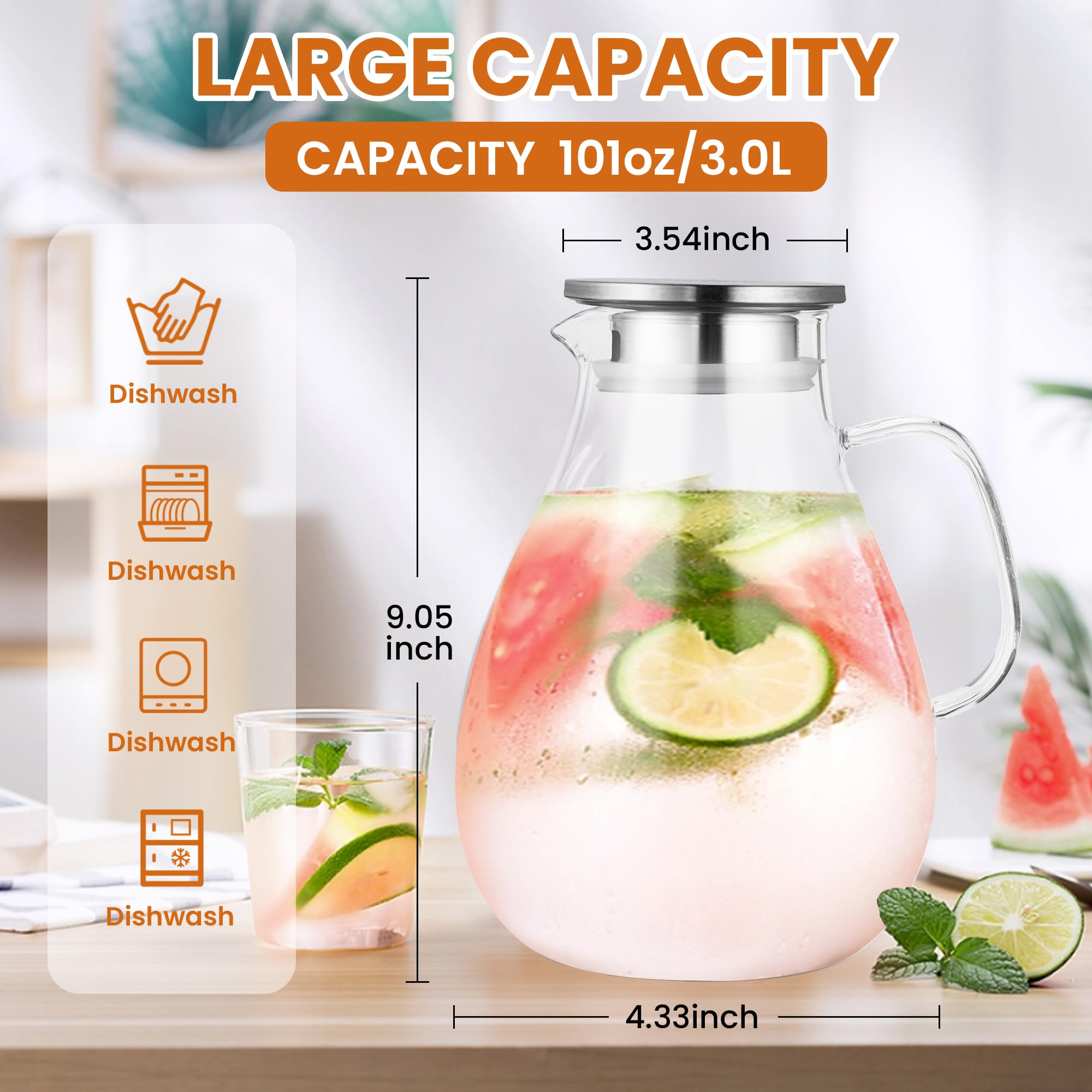 SUSTEAS 3 Litre 101oz Glass Pitcher with Lid and Spout, Handmade Pitcher