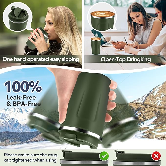 Volhoply 12 oz Double Wall Insulated Vacuum Travel Coffee Mug with Flip Lid Bulk 4 Pack,Reusable Stainless Steel Leak Proof Coffee Cup,Portable Thermal Tumbler for Hot & Cold Drinks(Army Green,8 Set)