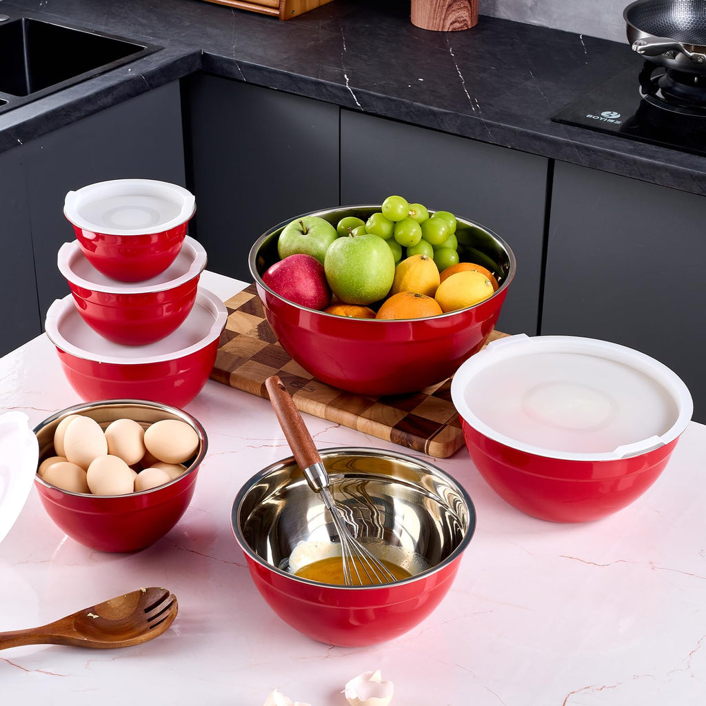 Onlycooker Red Mixing Bowls With Airtight Lids,Stainless Steel Bowl,Salad Bowls 7 Piece Colorful Nesting Bowl Red Kitchen Accessories,Size 7,3.6,2.7,2.1,1.5,1.1,0.8QT Stackable Design