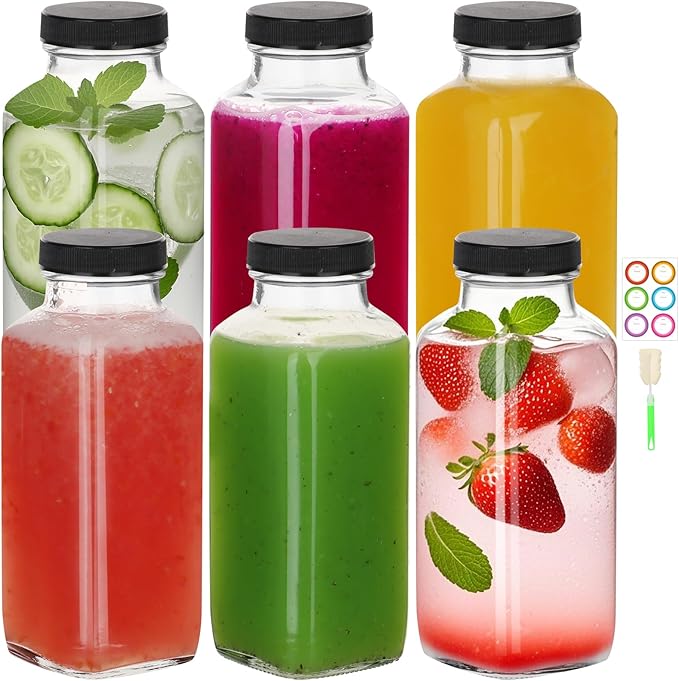 BIGIVACA 12 oz Glass Juice Bottles with Lids,6 PACK Bottles for Juicing,Square Drinking Jars Glass for Coffee,Cola,Milk,Tea in Travel,Work,School