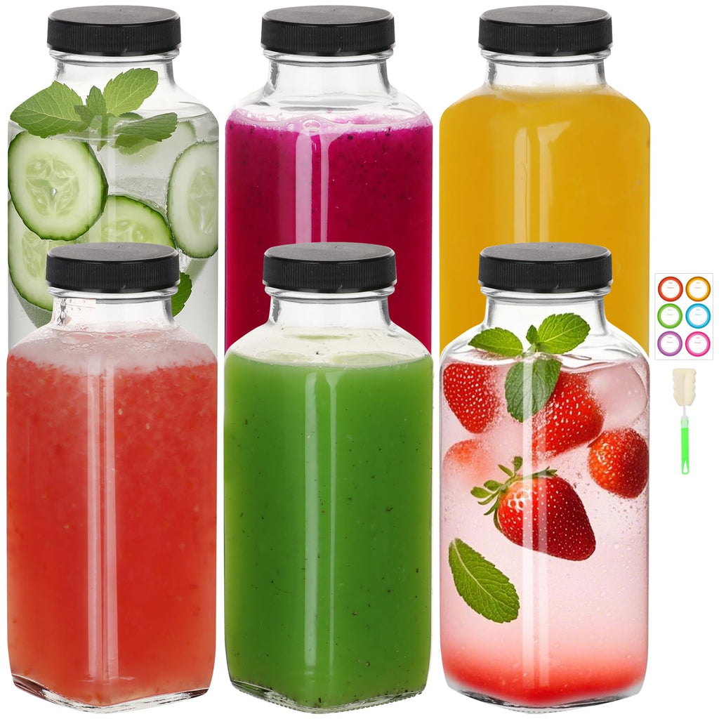 12 oz 6 Pack Glass Juice Bottles with Lids, Drinking Jars for Juicing