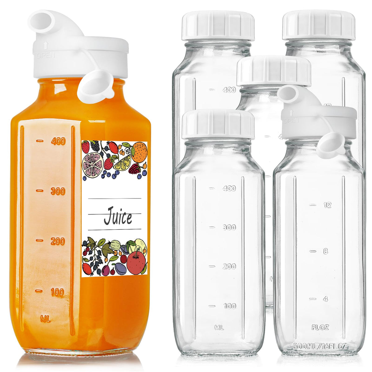 6 Pack 16 Oz Glass Juice Bottles with Lids,2 Pour Spouts & Scale Marks