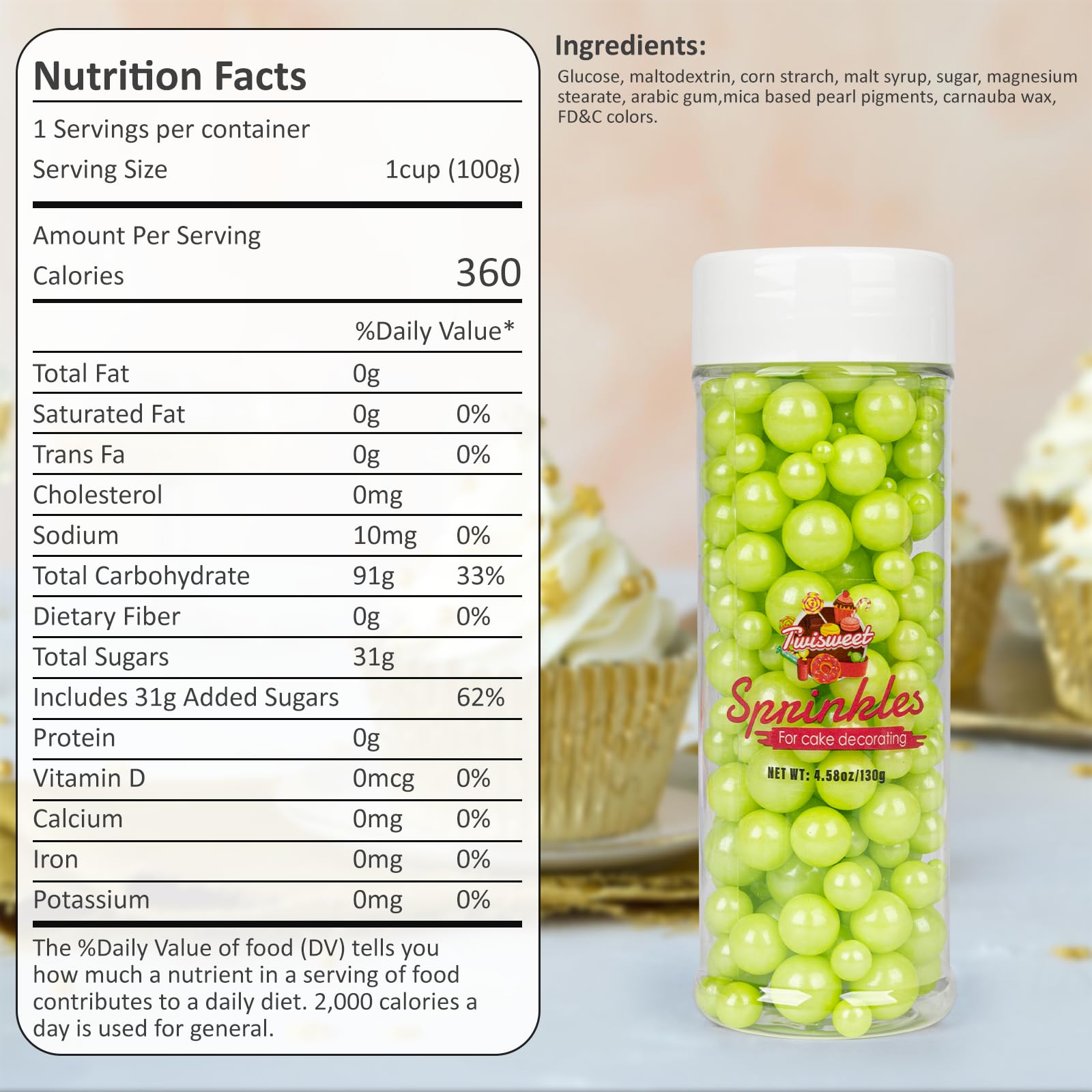 Twisweet Green Pearl Sprinkles for Cake Decorating, Edible Sugar Pearls for Baking, Mix Size, Cake Topper Cupcake Cookie Ice Cream Dessert Decorations, Easter Birthday Summer Party Supplies (130g/4.58oz)