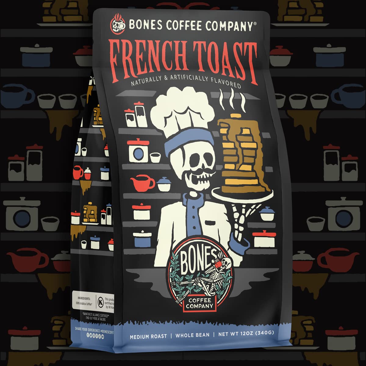 Bones Coffee Company French Toast, Sweet and Buttery Flavored Flavored Coffee, Medium Roast Low Acid Arabica Beans Compatible with Auto drip and French Press Coffee Maker, 12 Oz Whole Bean