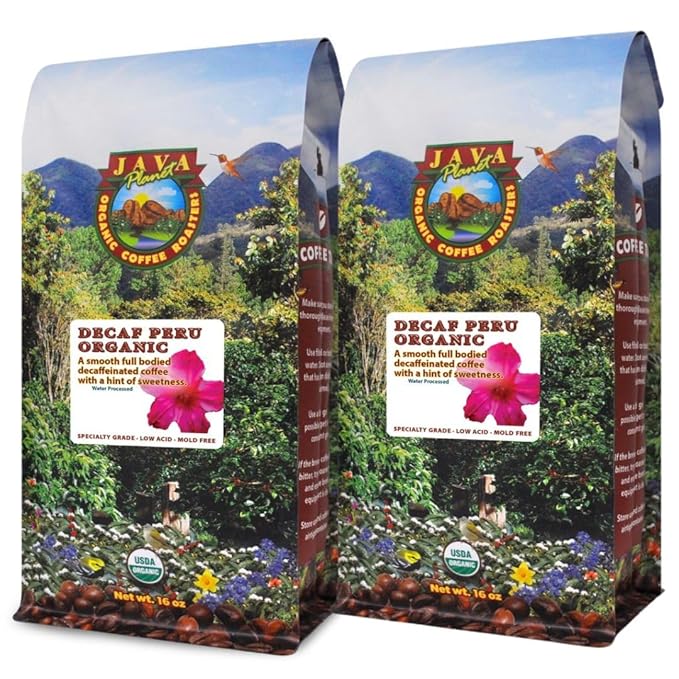 Low Acid Organic Coffee – Whole Bean, Mold-Free & Stomach Friendly by Java Planet, Peruvian Single Origin Decaf Coffee, Water Process, Medium Dark Roast, Smooth Full Flavored, 2x1LB Bag