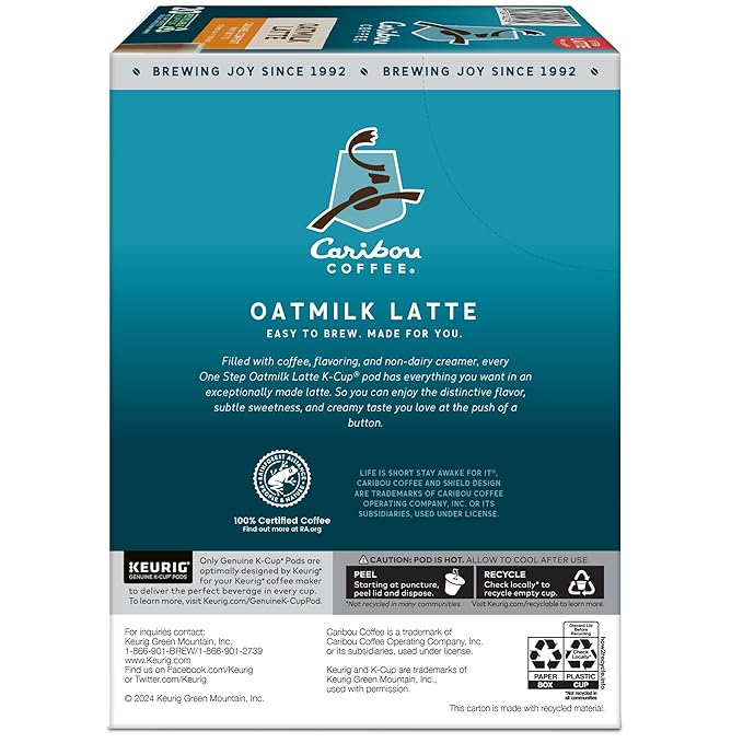 Caribou Coffee Caramel Comfort Oatmilk Latte, One Step Latte Single Serve Keurig K-Cup Pods, 20-Count Box