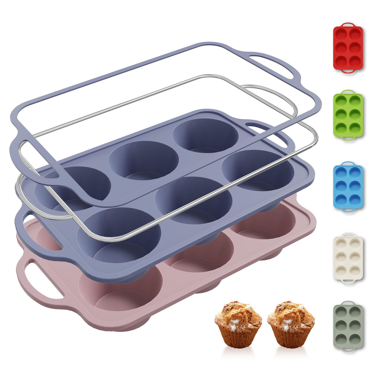 2 Packs 12 Cups Silicone Muffin Pan for Baking with Metal Reinforced Frame Regular Size Cupcake Pan Tray Chocolate Egg Pizza Bites Oven Top Cookie Molds Muffin Tin Tart Pans Sheet Set Bakeware Liner