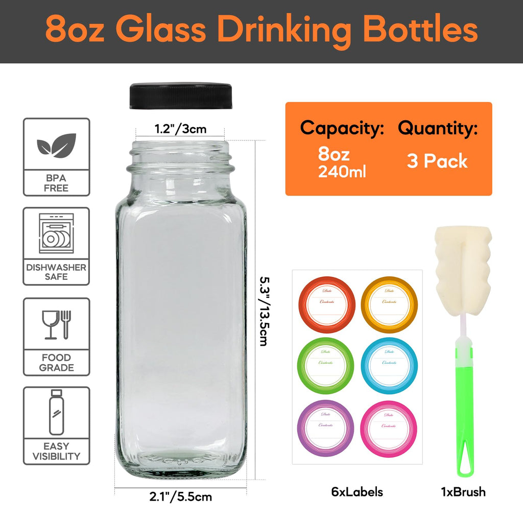STARSIDE 8oz 3-Pack Glass Juice Bottles with Leak-proof Lids