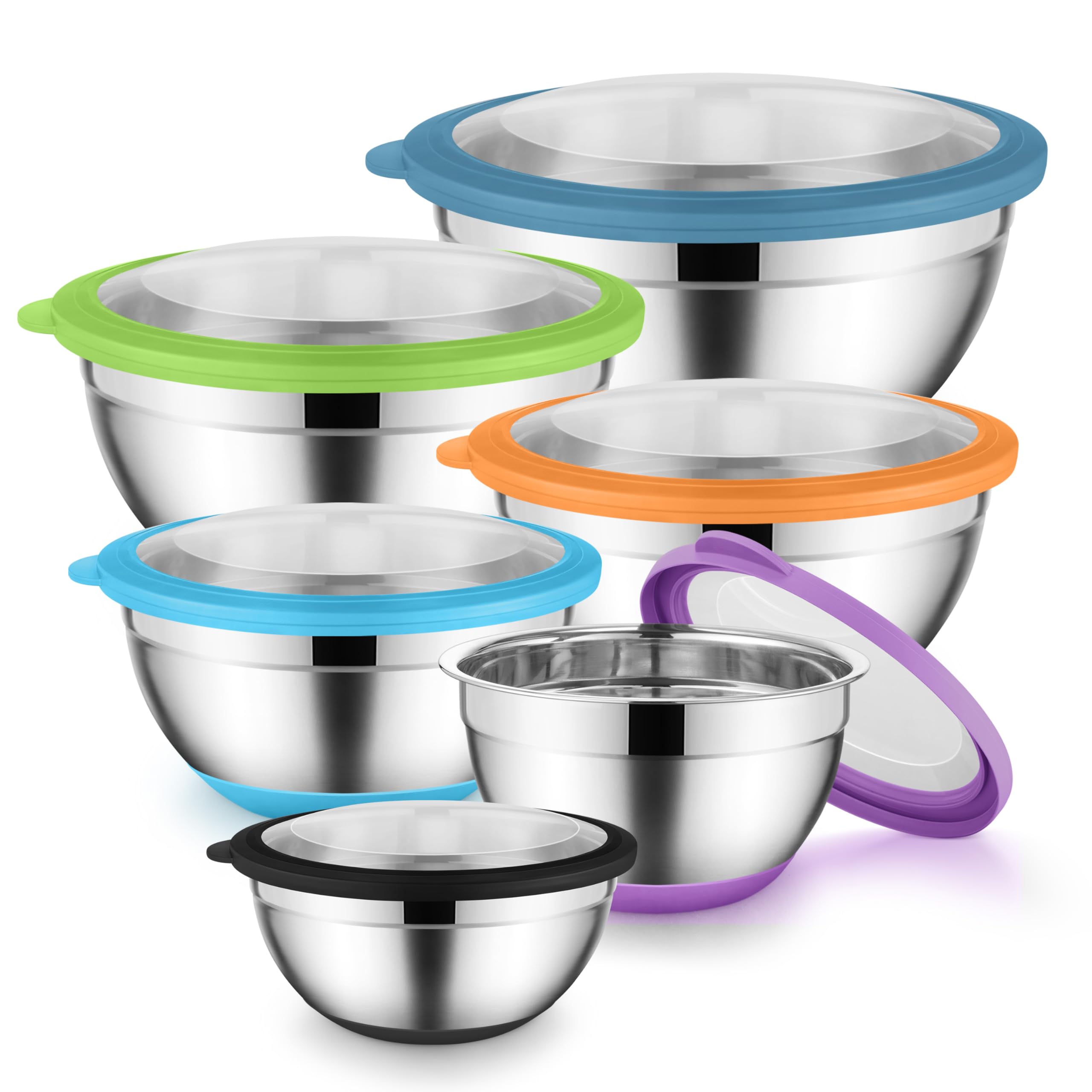 Onader Colorful Mixing Bowl Set of 6 for Kitchen, Large Stainless Steel Metal Nesting Mixing Bowls with Airtight Lids, Non Slip - Size 0.7, 1, 1.5, 2, 2.6, 4.6QT