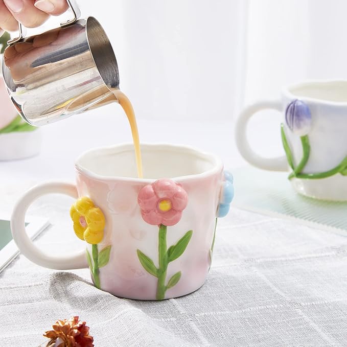 3D Flower Coffee Mug Pink Rose Ceramic Cup,12 oz Cute Handmade Mugs,Christmas Birthday Surprise for Friends Family or Flower Lovers (Pink Rose)
