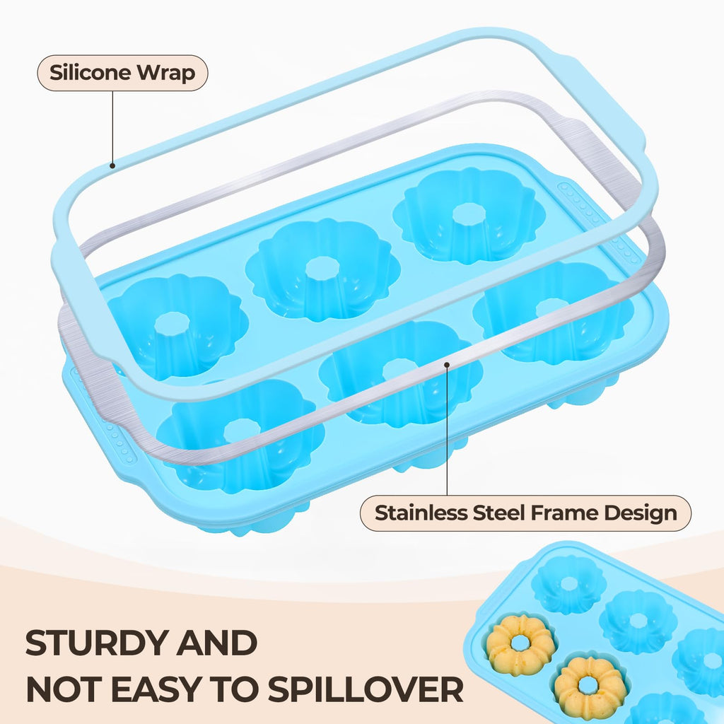 FUNBAKY Mini Fluted Tube Cake Pans for Baking with Metal Reinforced Frame, 2Pcs Silicone 6-Cavity Mini Flan Molds, Nonstick Baking Mold for Cupcake, Brownie, Donuts, Cornbread, Jello