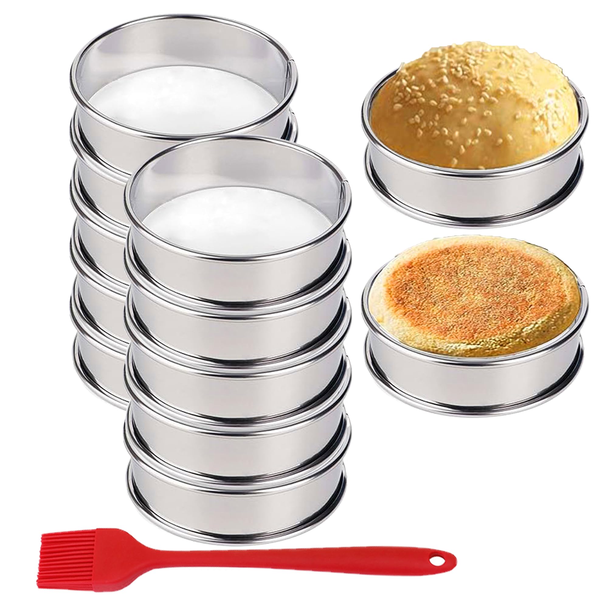 HLMOptimo English Muffin Rings, Stainless Steel Crumpet Rings, 6 Pcs Nonstick Metal Round Ring Molds with Silicone Oil Brush (4 inch 12 pcs)