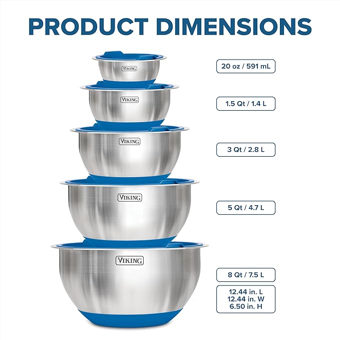 Viking Mixing Bowls Set, 10 Piece Stainless Steel Kitchen Cookware, Non-Slip Silicone Base, Includes Tight Fit Lids, Dishwasher Safe, Teal