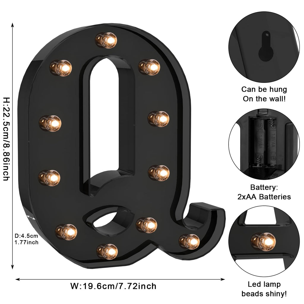 Foaky Black LED Letter Lights for Room Decor - Bedroom Wall Decor, Alphabet Lights for Home, Wedding, Party - Battery Operated （Q）