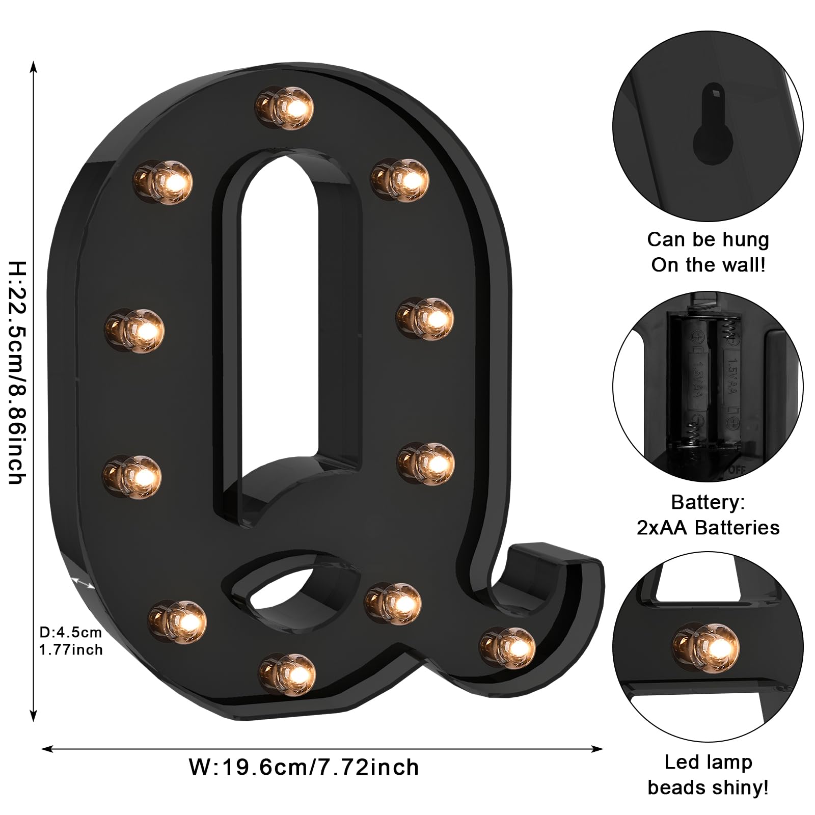 Foaky Black LED Letter Lights for Room Decor - Bedroom Wall Decor, Alphabet Lights for Home, Wedding, Party - Battery Operated （Q）