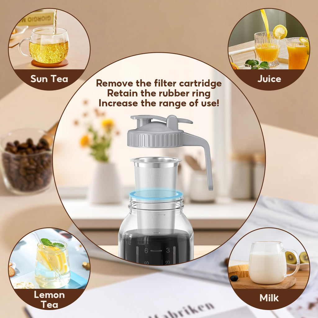 2 Pack 64 oz Cold Brew Coffee Maker Jar - Thick Glass Cold Brew Maker with Handle, Stainless Steel Filter & Leak-Proof Lid, Cold Brew Pitcher for Iced Coffee,Tea and Milk (2 Quart / 1.9 Liter)