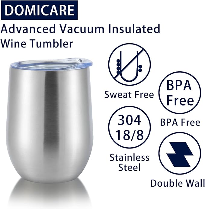 DOMICARE Stainless Steel Wine Tumbler Bulk with Lid, Personalized Insulated Tumblers Set, 12oz Travel Coffee Cups Pack of 16, Stainless steel