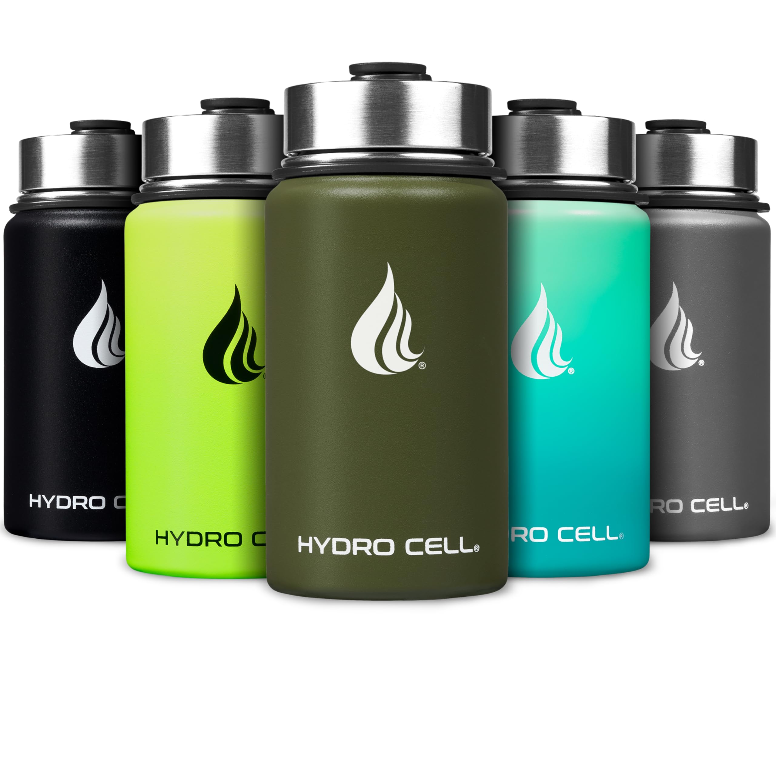 HYDRO CELL Stainless Steel Insulated Water Bottle with Straw - For Cold & Hot Drinks - Metal Vacuum Flask with Screw Cap and Modern Leakproof Sport Thermos for Adults (Army 14oz)