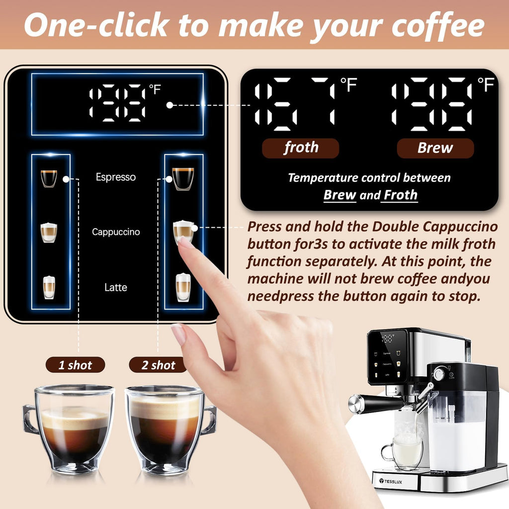 tesslux Espresso and Cappuccino Machine, 20 Bar Dual Boiler Latte Maker with Touch Control & Digital Temperature Display, Compact Coffee Machine for Home, Automatic Milk Frother