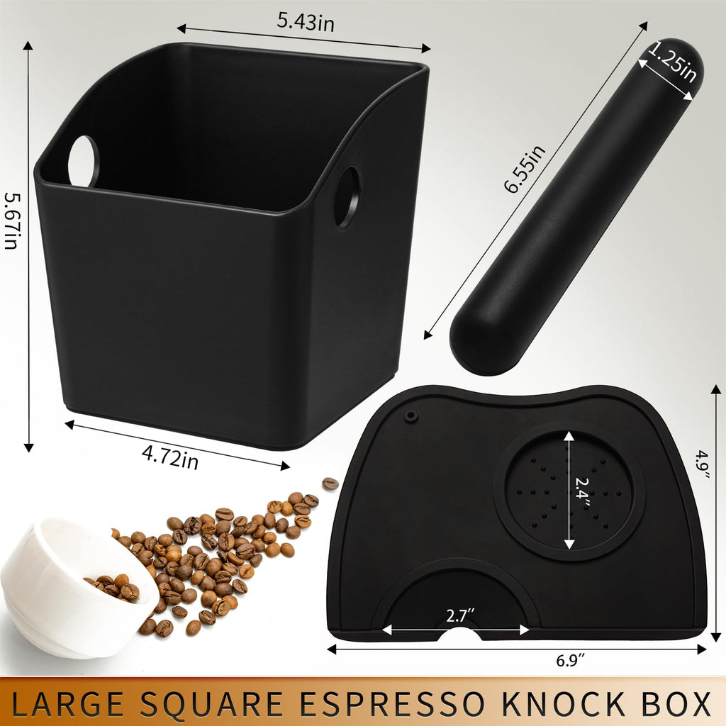 IAOSEN Large Square Knock Box Shock-absorbent Knock Box Espresso with Removable Knock Bar and Non-Slip Base Espresso Accessories for Home/Office (Large Black Knock Box with Tamper Mat)