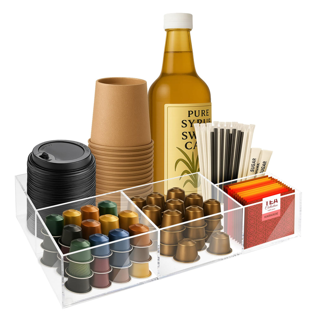 Acrylic Coffee Bar Station, Countertop Snack Tea Organizer & Condiment Tray