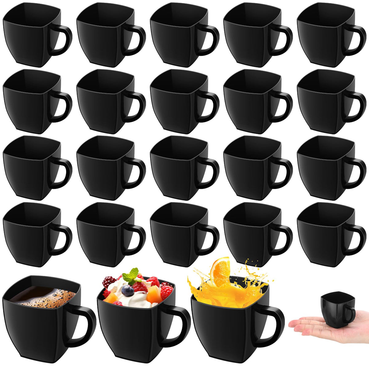 Amyhill 50 Pcs Mini Disposable Tea Cups with Handle, 2oz Hard Plastic Coffee Mug Bulk Plastic Square Disposable Espresso Cups for Wedding Tea Party Catering Dessert Sampling (White)