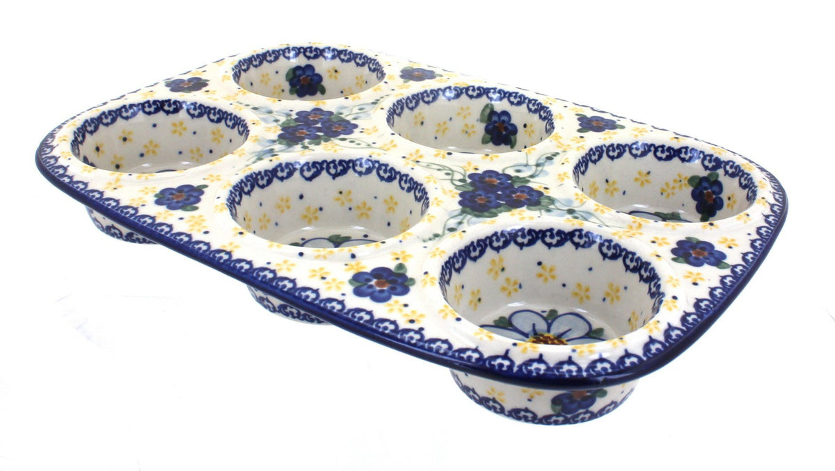Blue Rose Polish Pottery - Red Tara Muffin Pan - 12" x 8" - Ceramic Baking Dish, 6-Cup Muffin & Cupcake Pan