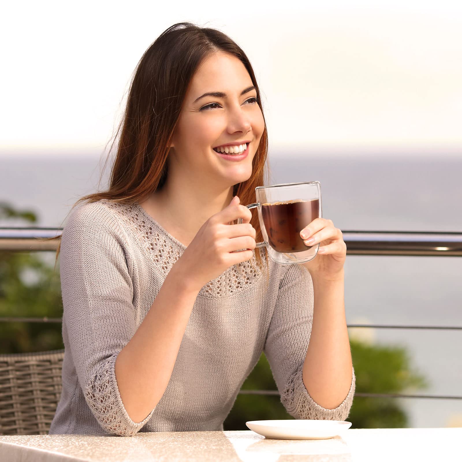 Gerrii Espresso Cups Double Walled Espresso Shot Glass with Handle Cups Insulated Clear Small Shot Glasses for Cappuccino Latte Hot Beverage (12 oz,Flat Bottom,8 Pcs)